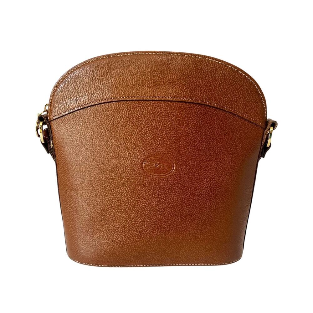Longchamp Vintage Le Foulonne Pebbled Leather Dome Crossbody Tan Brown